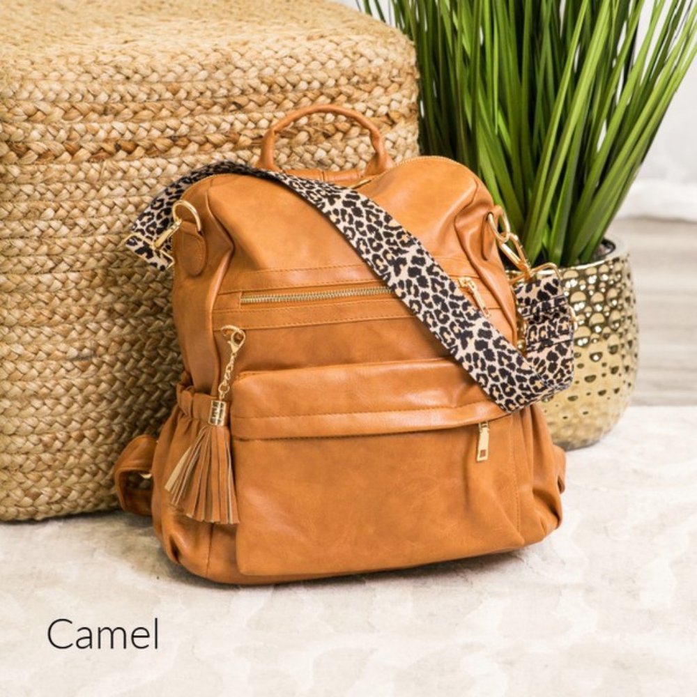 Leopard Strap Convertible Shoulder Bag/Backpack, Camel - Picture 2 of 9